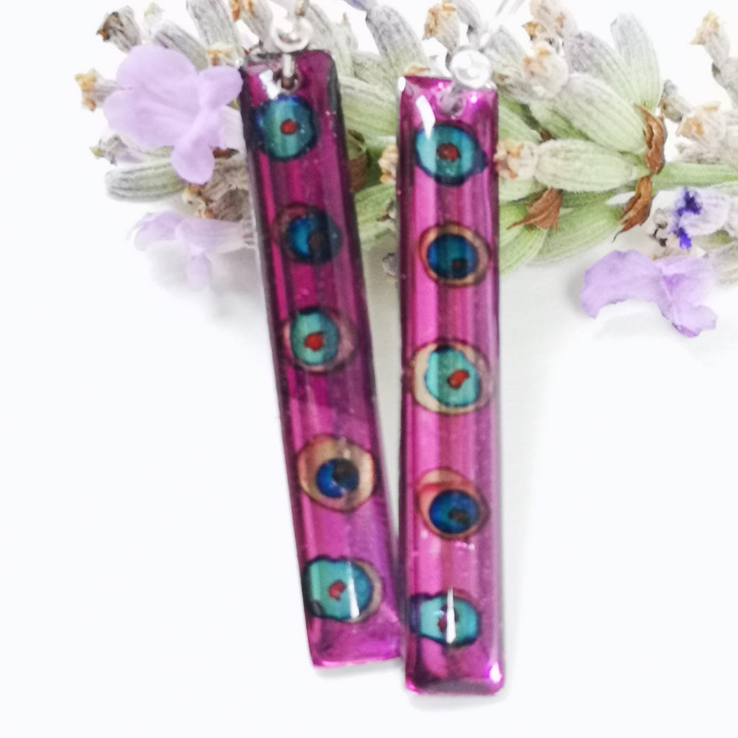 Inky Long Drop Earrings - Fuchsia - Alcohol Ink & Resin Jewellery - Nimanoma