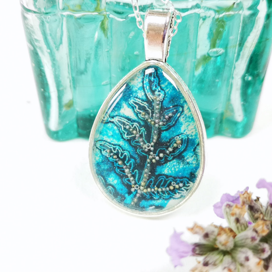 Teardrop Pendant - Frond - Resin Beaded Jewellery - Nimanoma