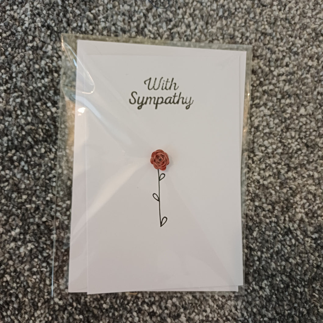 Greetings Card - With Sympathy - Hand Rolled Paper Rose - Light Red - Flowers by Laurzy