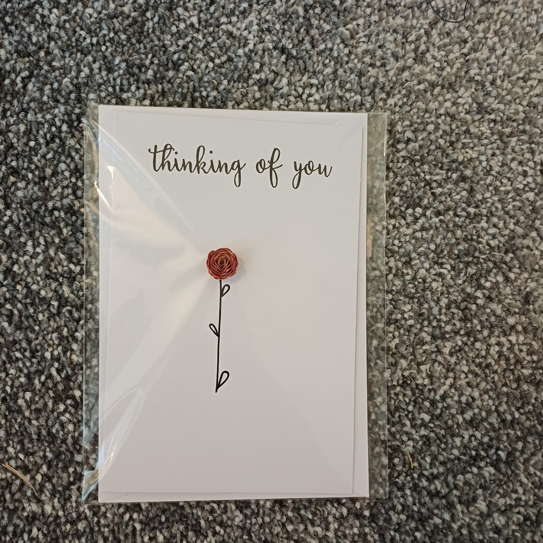 Greetings Card - Thinking of You - Hand Rolled Paper Rose - Light Red - Flowers by Laurzy