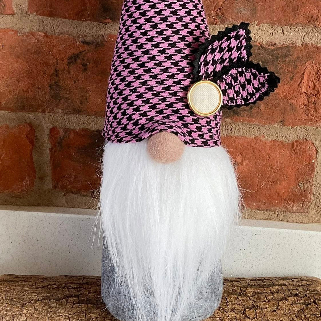 Gnome - Fabric Gnome Figure - Black and Pink Dog Tooth Check - Quirky Threads Art