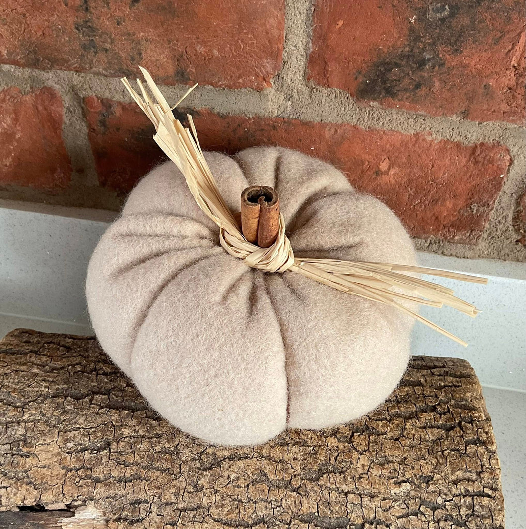 Pumpkin - Fabric Pumpkin Decoration - Beige Vegan Wool - Quirky Threads Art