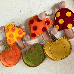 Felt Hanging Garland - Pumpkins and Toadstools - Set of 6 - Quirky Threads Art