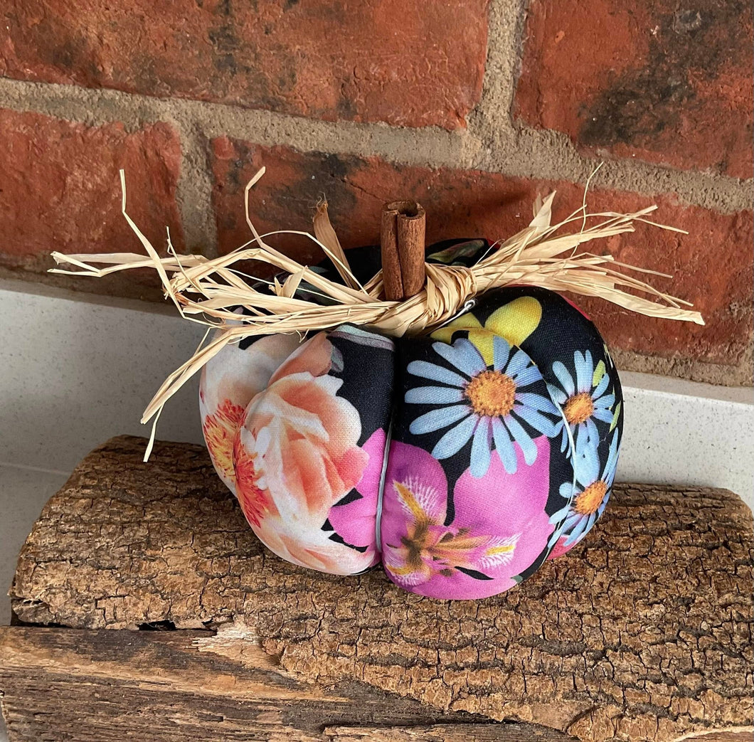 Pumpkin - Fabric Pumpkin Decoration - Black Floral - Quirky Threads Art