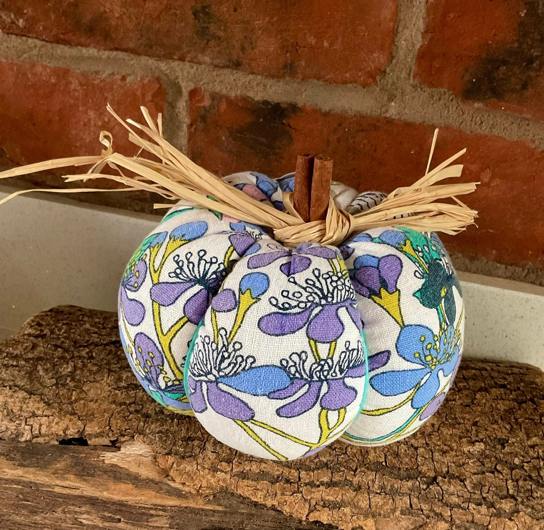 Pumpkin - Fabric Pumpkin Decoration - Blue Floral - Quirky Threads Art