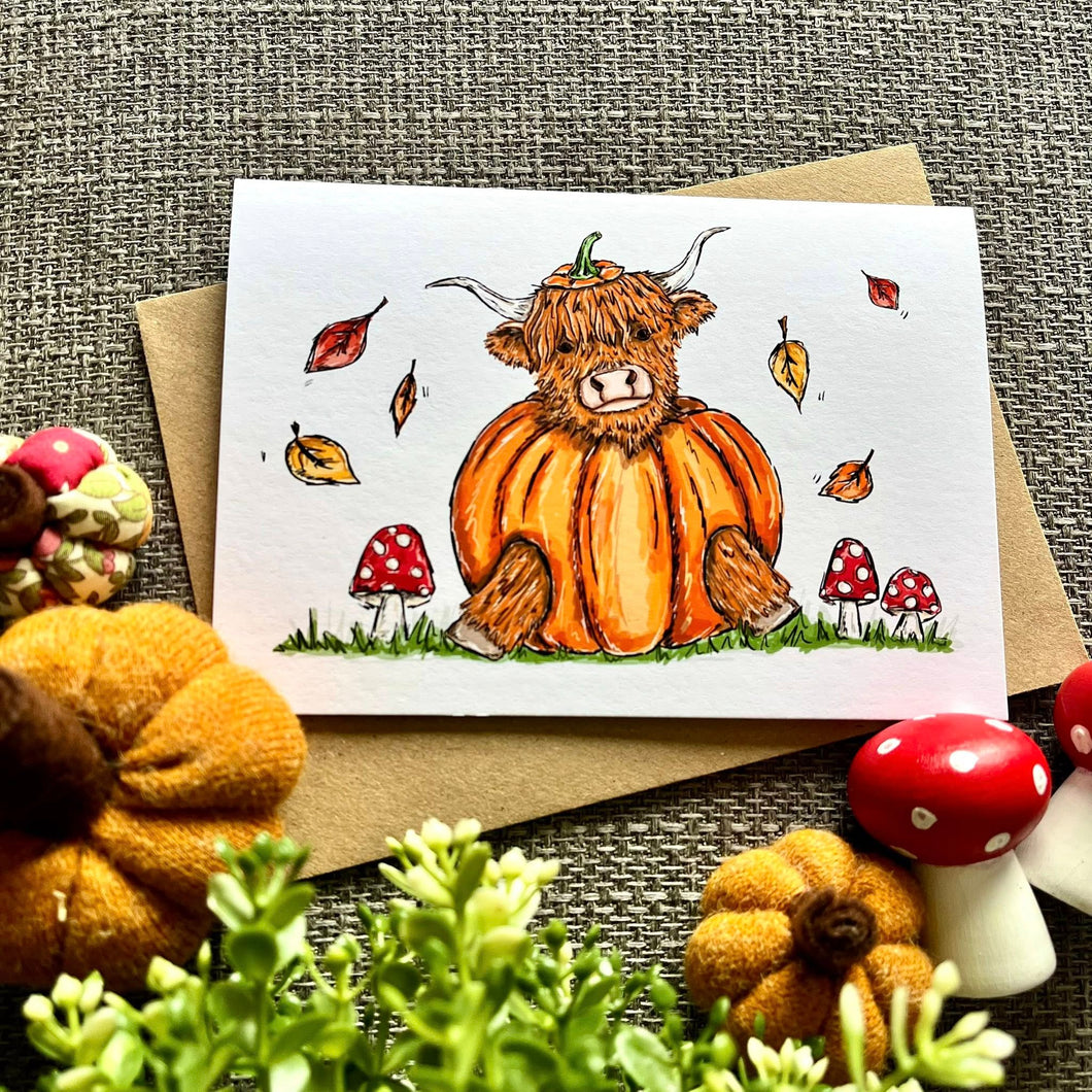 Greetings Card - Highland Cow Pumpkin Card - HD Designs