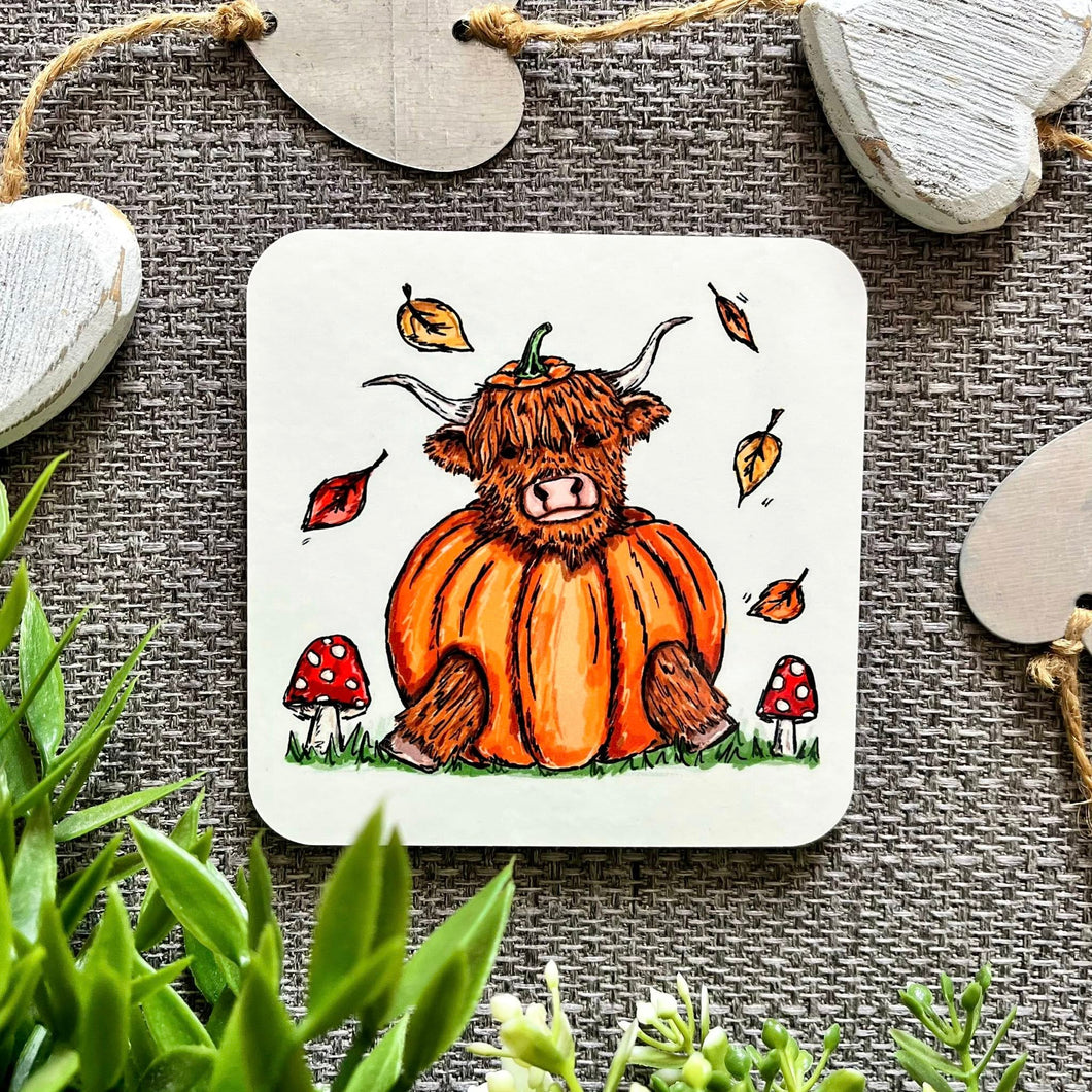 Coaster - Highland Cow Pumpkin - Autumn / Halloween - HD Designs