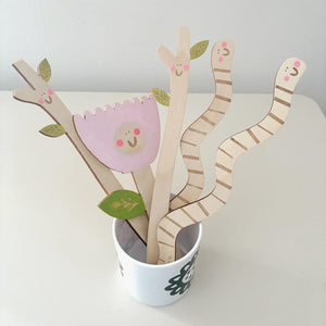 Handpainted Wooden Bookmark - Bookworm / Twig / Flower - Squirrelbandit