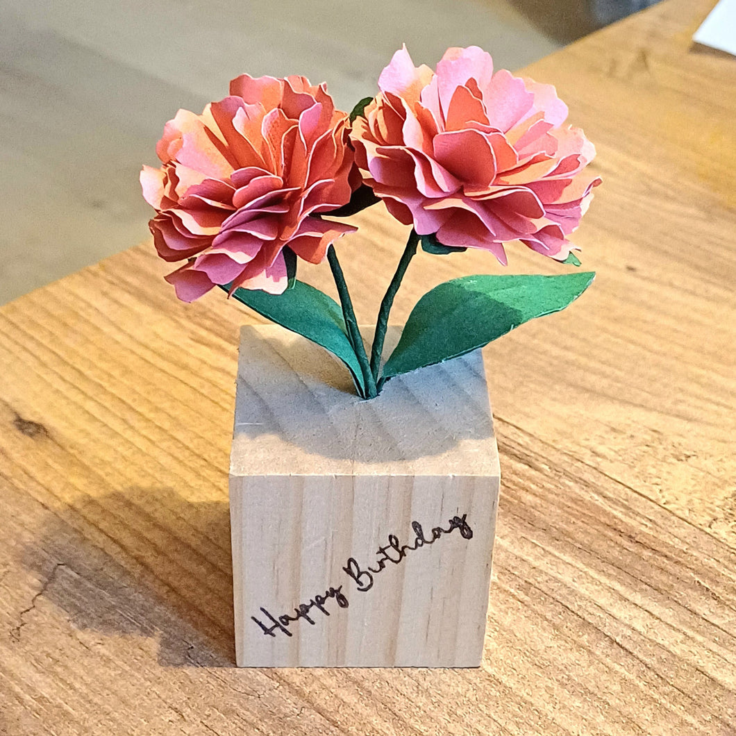 Paper Flower Arrangement - Pink Carnation - Happy Birthday - Wooden Flower Block - Hand crafted Paper Flowers - Flowers by Laurzy