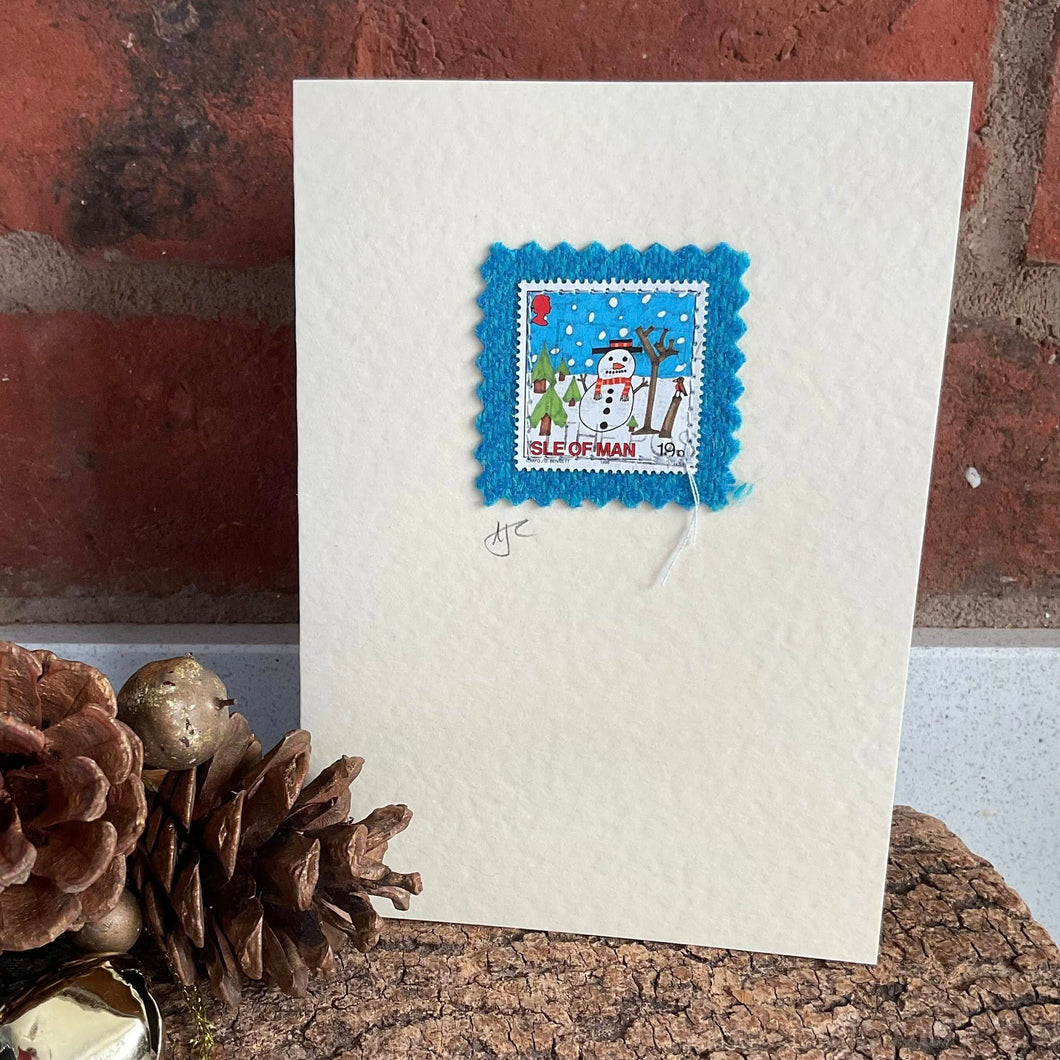 Christmas Card - Snowman - Fabric Collage Card - Quirky Threads Art
