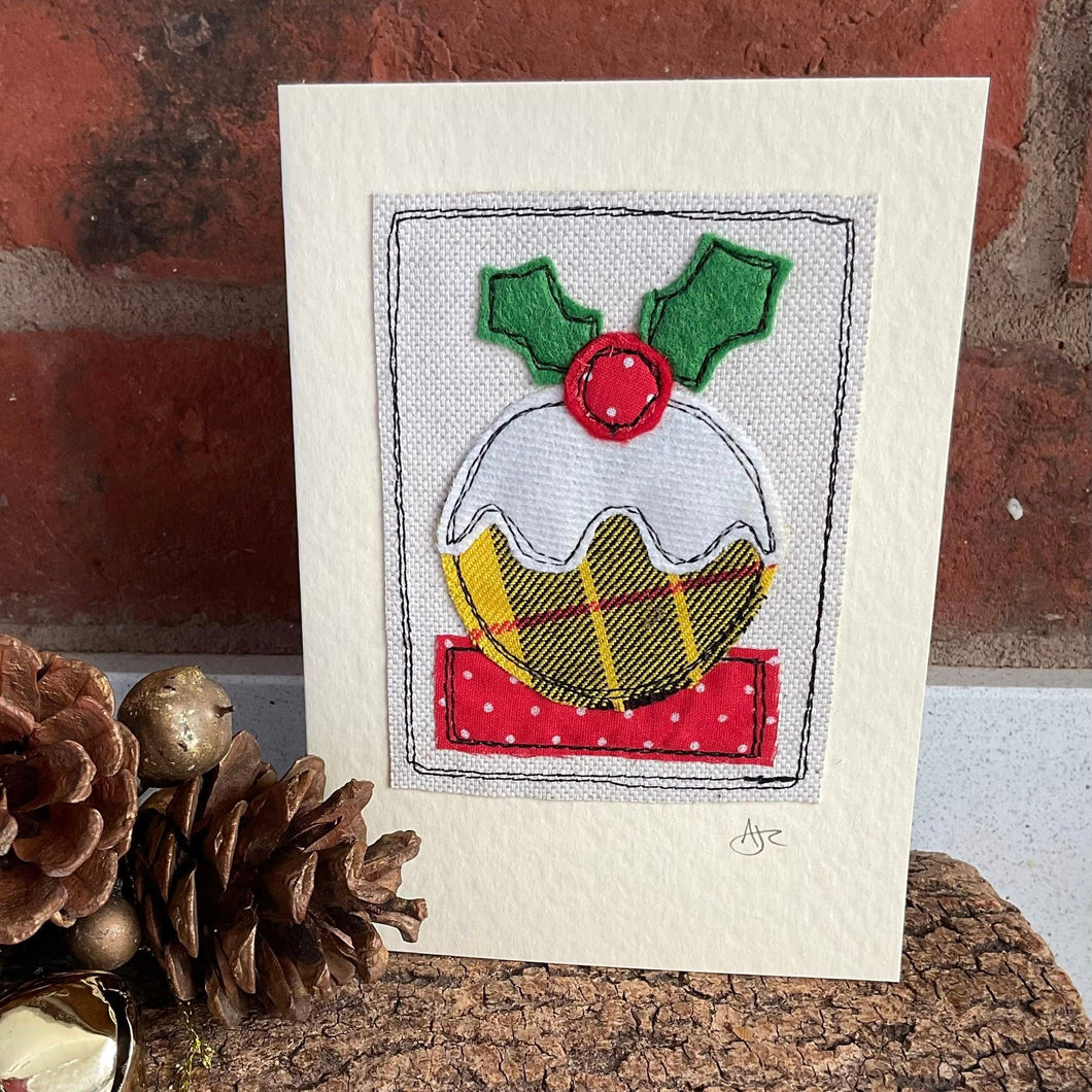 Christmas Card - Christmas Pudding - Fabric Collage Card - Quirky Threads Art