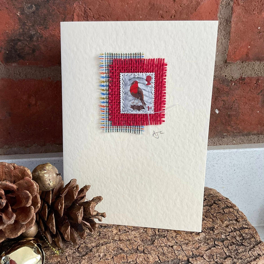 Christmas Card - Christmas Robin - Fabric Collage Card - Quirky Threads Art