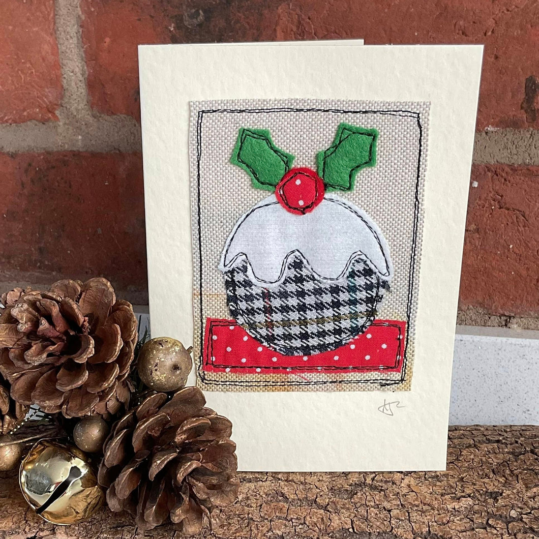 Christmas Card - Christmas Pudding - Fabric Collage Card - Quirky Threads Art