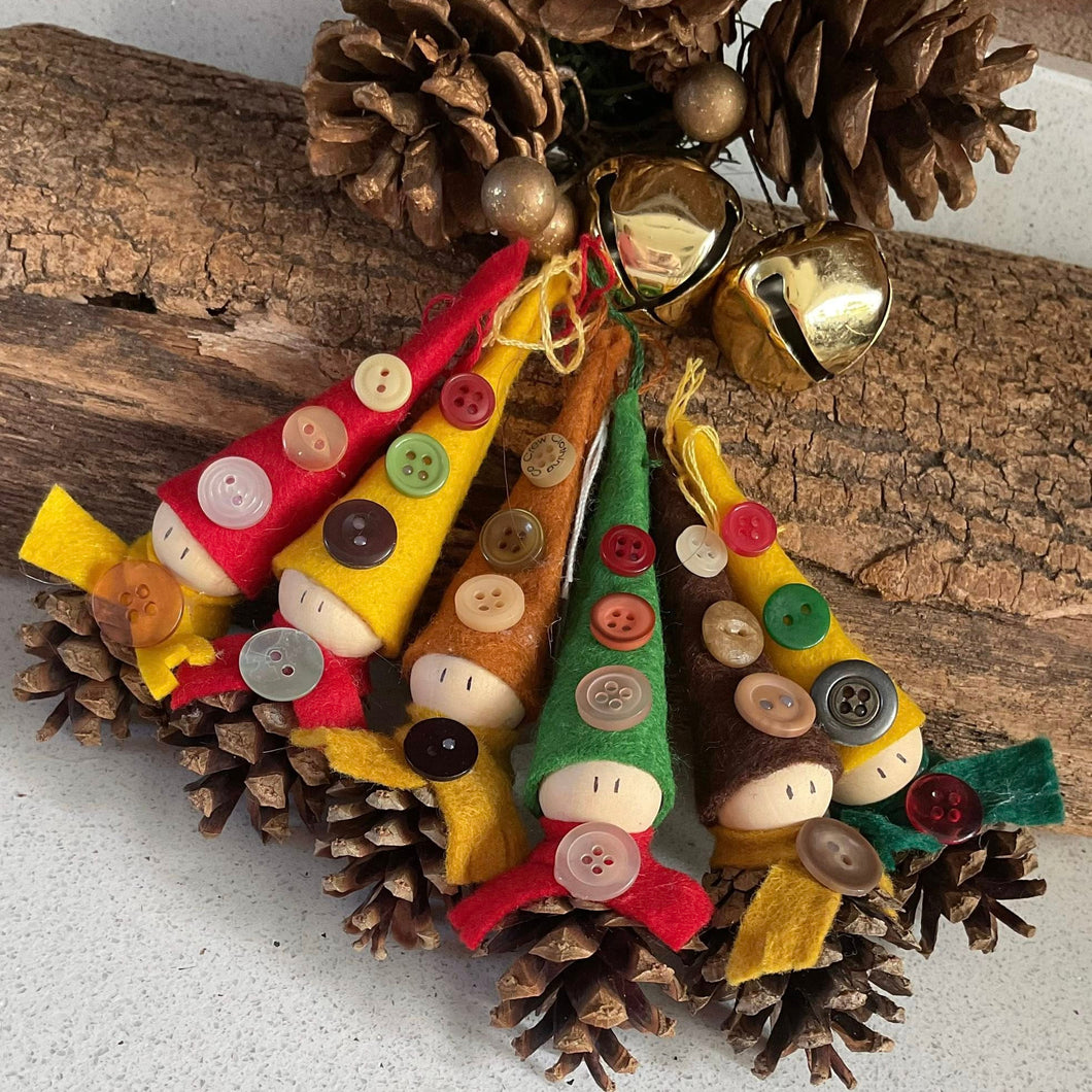 Christmas Decoration - Cute Handmade Pine Cone Elves - Quirky Threads Art
