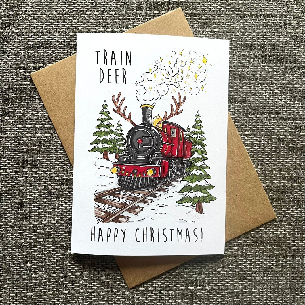 Christmas Greetings Card - Train Deer Christmas Card - HD Designs