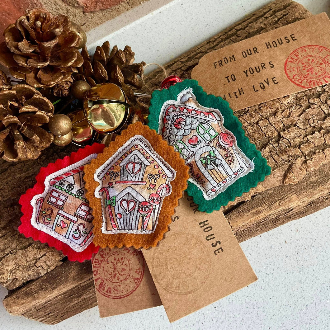 Fabric Christmas Decoration - Cute Handmade Gingerbread House - Quirky Threads Art
