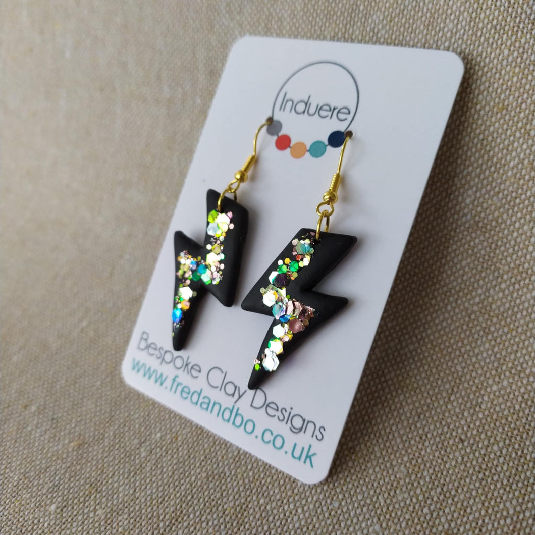 Polymer Clay Earrings - Black Lightning Bolt Earrings - Induere