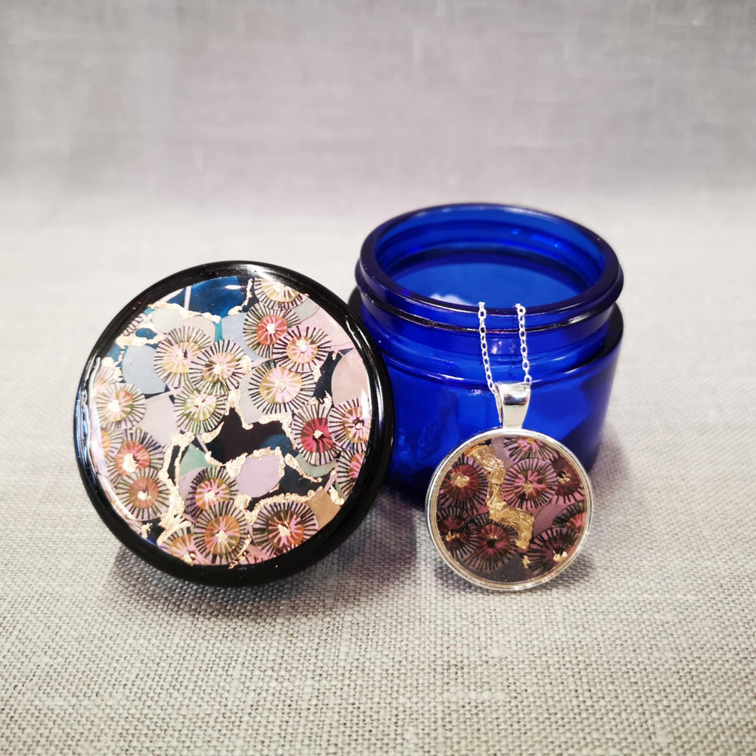 Trinket Pot and Matching Circular Pendant - Eucalyptus- Resin Beaded Jewellery - Nimanoma