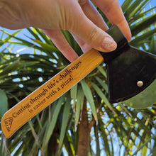 Load image into Gallery viewer, Etched Bamboo Pizza Slice - Axed Shaped Pizza Cutter - Cutting Through Life's Challenges is easier with a Pizza! - Woodsmiths Family Business
