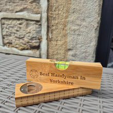 Load image into Gallery viewer, Etched Bamboo Spirit Level and Bottle Opener - Best Handyman in Yorkshire - Woodsmiths Family Business
