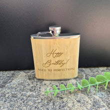 Load image into Gallery viewer, Engraved Bamboo and Stainless Steel Hip Flask - Happy Birthday, Aged to Perfection - Woodsmiths Family Business
