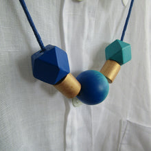 Load image into Gallery viewer, Wooden Bead Necklace - Hand Painted Geometric Bead Necklace - Blue / Turquoise / Gold - Induere

