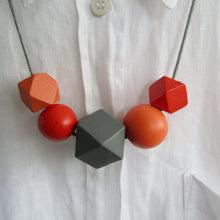 Load image into Gallery viewer, Wooden Bead Necklace - Hand Painted Geometric Bead Necklace - Oranges and Grey - Induere

