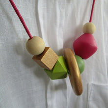 Load image into Gallery viewer, Wooden Bead Necklace - Hand Painted Geometric Bead Necklace Pinks / Greens/ Gold - Induere
