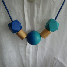 Load image into Gallery viewer, Wooden Bead Necklace - Hand Painted Geometric Bead Necklace - Blue / Turquoise / Gold - Induere

