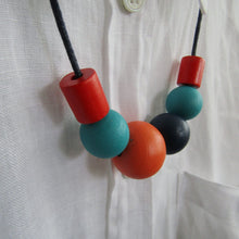 Load image into Gallery viewer, Wooden Bead Necklace - Hand Painted Geometric Bead Necklace - Blues / Reds/ Orange - Induere

