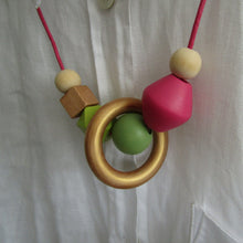 Load image into Gallery viewer, Wooden Bead Necklace - Hand Painted Geometric Bead Necklace Pinks / Greens/ Gold - Induere
