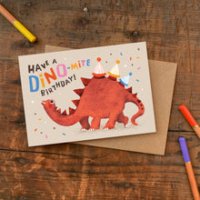 Load image into Gallery viewer, Dino-mite Birthday Card - Dinosaur Puns - Emily Nash Illustration
