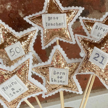 Load image into Gallery viewer, Sparky Stars on Sticks - Cake Toppers - Decorations - Birthday Girl - 21st Birthday - 50th Anniversary - Best Teacher - Quirky Threads Art
