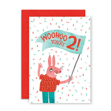 Load image into Gallery viewer, 2nd Birthday Card -  Woohoo You&#39;re two Birthday Card - Emily Nash Illustration
