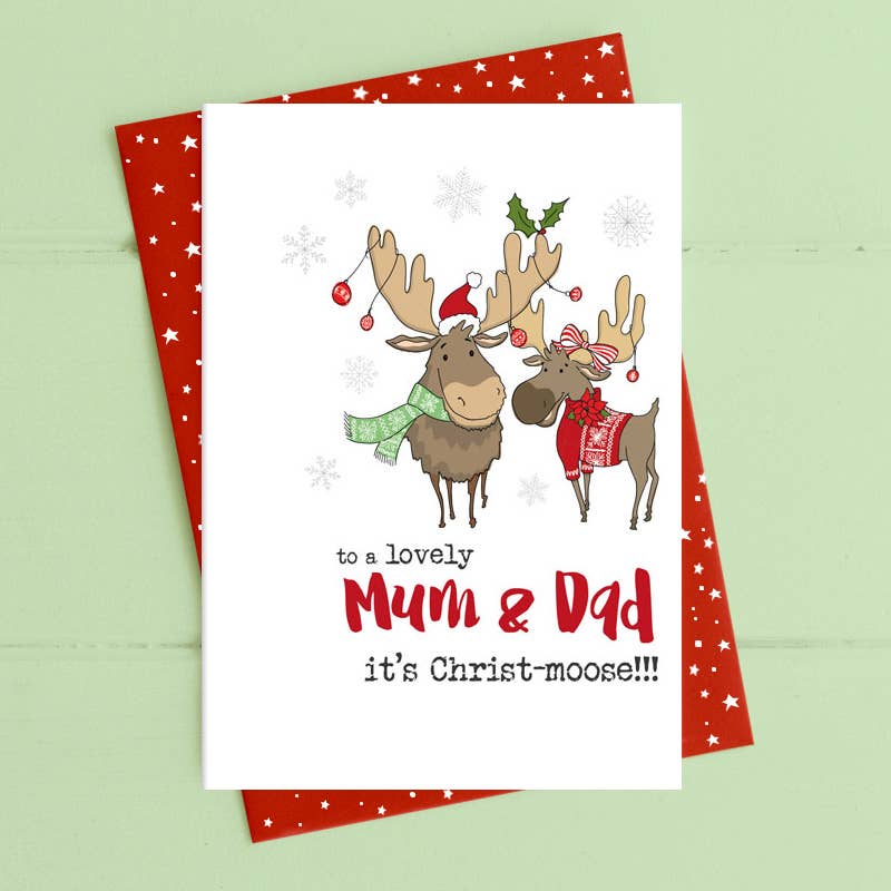 Family Christmas Card - To A Lovely Mum & Dad, It's Christ-Moose - Punny Christmas Greetings - Dandelion Stationery
