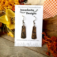Load image into Gallery viewer, Narrow Natural And Black Botanical Hook Earrings - Natural Cork Jewellery - Incorknito Designs
