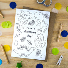 Load image into Gallery viewer, Colour In Keepsake Greetings Card - Colour In Dinosaur Card — Have a Roarsome Day - Let's Make &amp; Do
