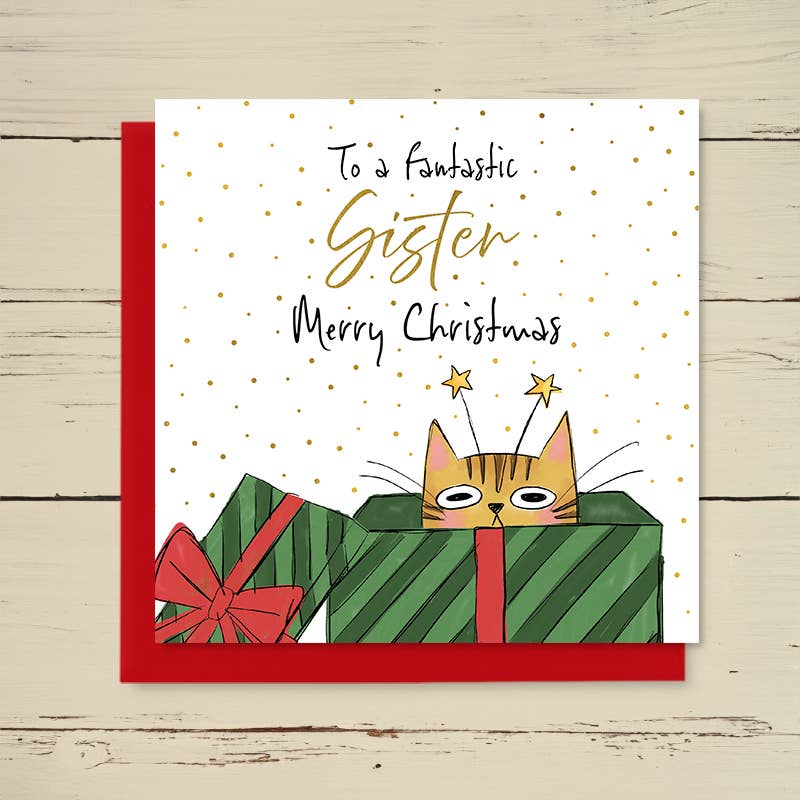 Family Christmas Card - To A Fantastic Sister Merry Christmas - Cat Greetings Card - Dandelion Stationery