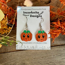Load image into Gallery viewer, Smiley Pumpkin Hook Earrings - Natural Cork Jewellery - Incorknito Designs
