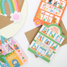 Load image into Gallery viewer, Greetings Card - Playful Bug Hotel - Die Cut Birthday Card for Kids with Cute Critters - Mifkins
