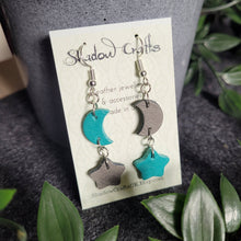Load image into Gallery viewer, Leather Moon and Stars Drop Earrings - Lots of Colour Combinations - Shadow Crafts
