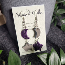 Load image into Gallery viewer, Leather Moon and Stars Drop Earrings - Lots of Colour Combinations - Shadow Crafts
