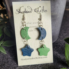 Load image into Gallery viewer, Leather Moon and Stars Drop Earrings - Lots of Colour Combinations - Shadow Crafts

