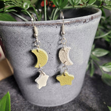 Load image into Gallery viewer, Leather Moon and Stars Drop Earrings - Lots of Colour Combinations - Shadow Crafts
