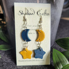 Load image into Gallery viewer, Leather Moon and Stars Drop Earrings - Lots of Colour Combinations - Shadow Crafts
