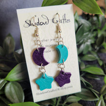 Load image into Gallery viewer, Leather Moon and Stars Drop Earrings - Lots of Colour Combinations - Shadow Crafts
