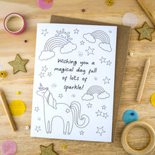 Load image into Gallery viewer, Colour In Keepsake Greetings Card - Just Add Colour Unicorn Personalised Card - Wishing You a Magical Day - Let's Make &amp; Do
