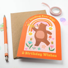 Load image into Gallery viewer, Greetings Card - Whimsical Bear Hugs Birthday Card with Rainbow and Flowers - Mifkins
