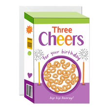 Load image into Gallery viewer, Greetings Card - Three Cheers Retro Cereal Box Birthday Card - Ricicle
