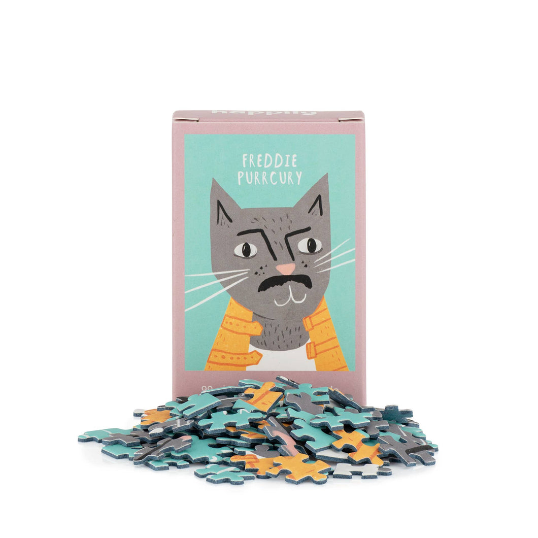 Mini Jigsaw - Freddie Purrcury - 99 Piece Mini Cat Jigsaw Puzzle - Freddie Mercury / Queen - Cat Puns - Happily Puzzles
